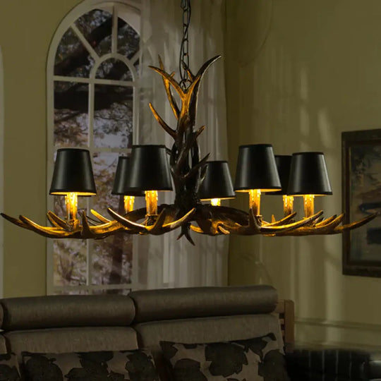 Black 6/8 Lights Chandelier Lighting Rustic Resin Cone Pendant Lamp With Antler For Living Room 8 /
