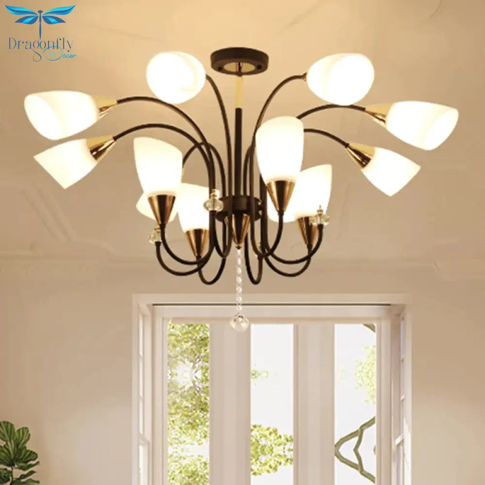 Black 6/9/12 Heads Hanging Chandelier Traditional Style Frosted Glass Empire Shade Ceiling