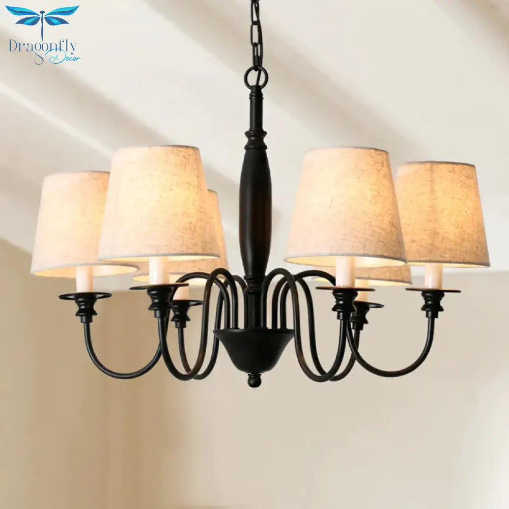 Black 6 Heads Chandelier Lighting Country Fabric Tapered Hanging Pendant Light With Swooping Arm