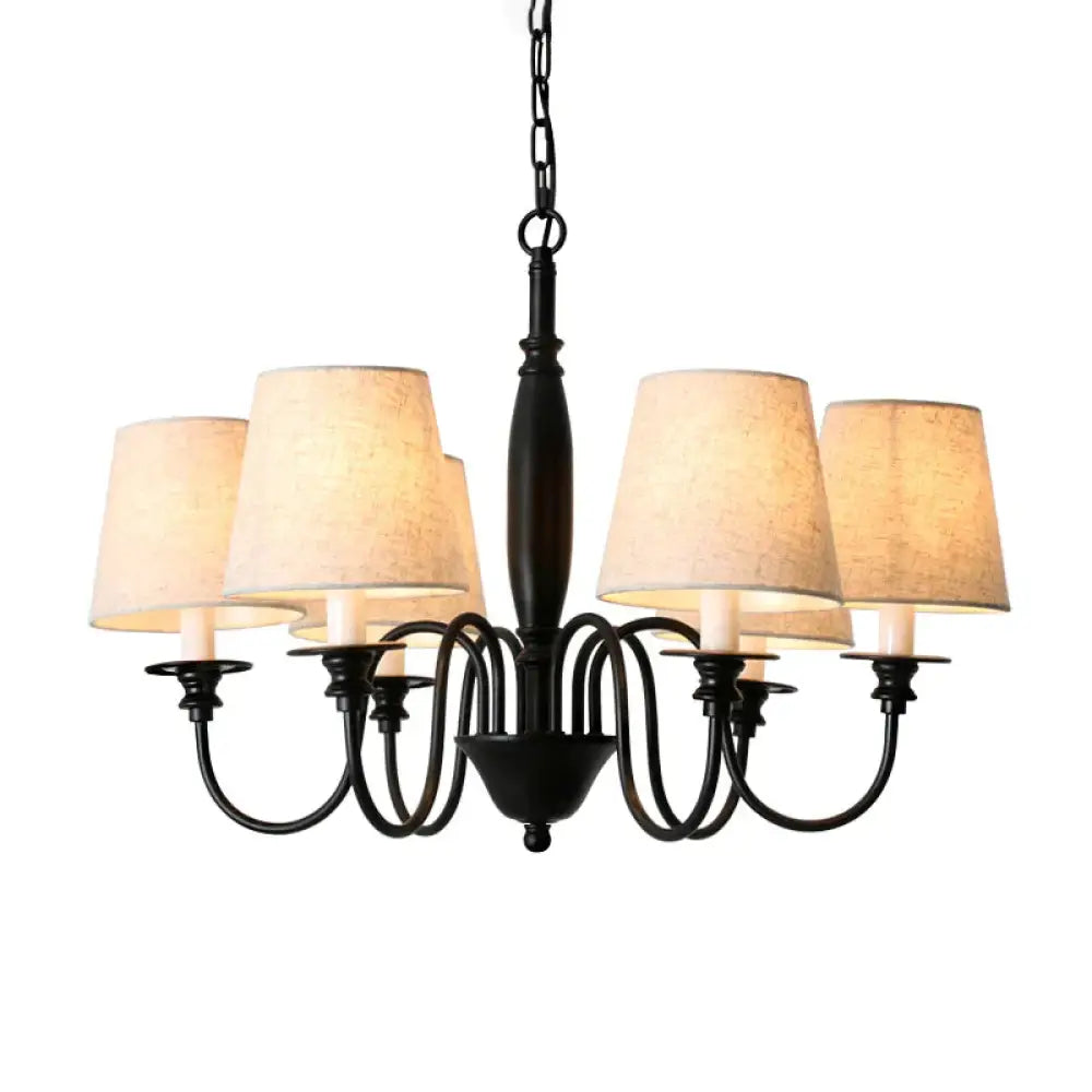 Black 6 Heads Chandelier Lighting Country Fabric Tapered Hanging Pendant Light With Swooping Arm