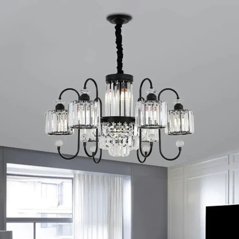 Black 6 Lights Suspension Lighting Modern Crystal Cylindrical Chandelier With Oval Arm