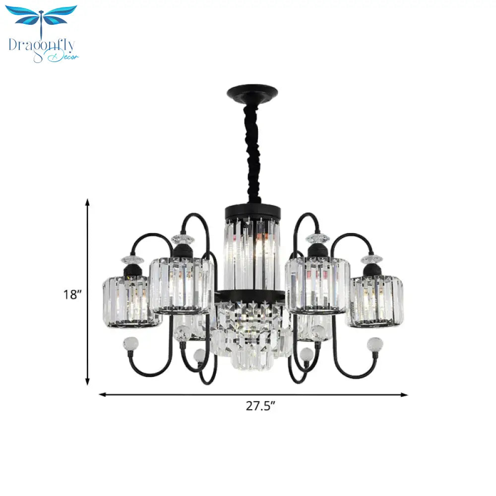 Black 6 Lights Suspension Lighting Modern Crystal Cylindrical Chandelier With Oval Arm