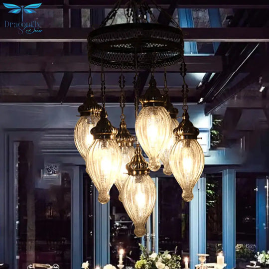 Black 7 Heads Chandelier Traditional Clear Prismatic Glass Teardrop Hanging Ceiling Light