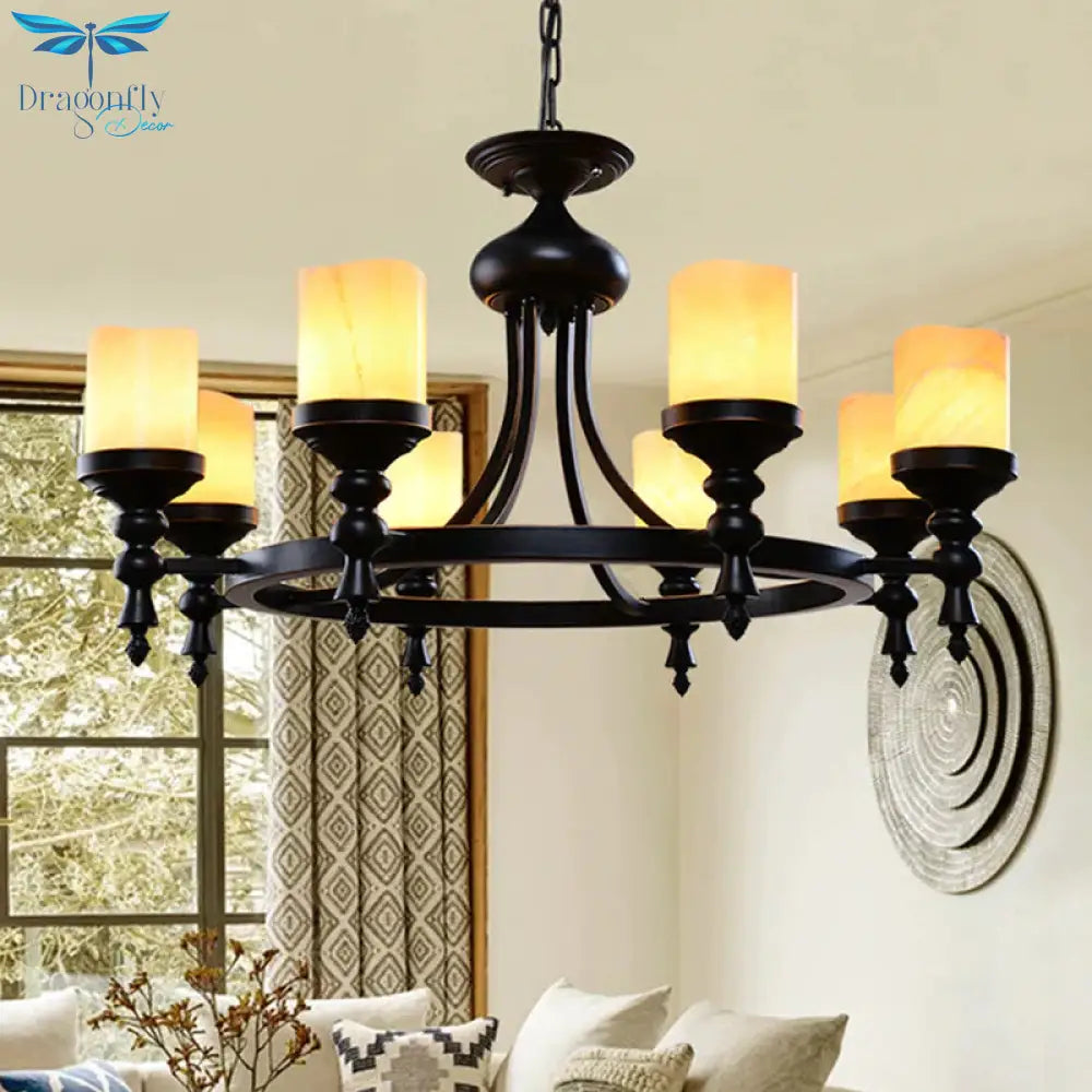 Black 8 - Light Countryside Chandelier: Candle - Style Dolomite Hanging Lamp With Crackled Finish &