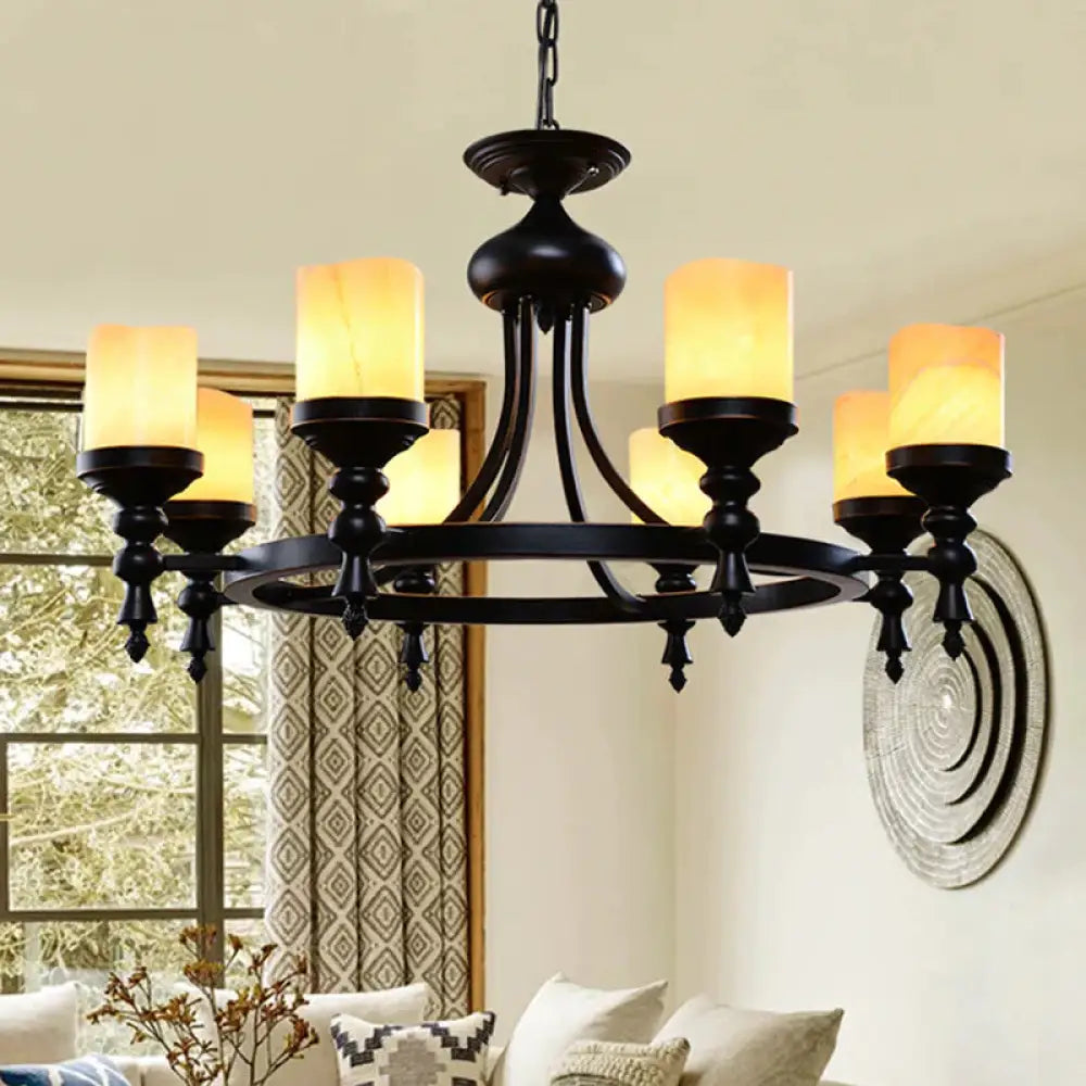 Black 8 - Light Countryside Chandelier: Candle - Style Dolomite Hanging Lamp With Crackled Finish &
