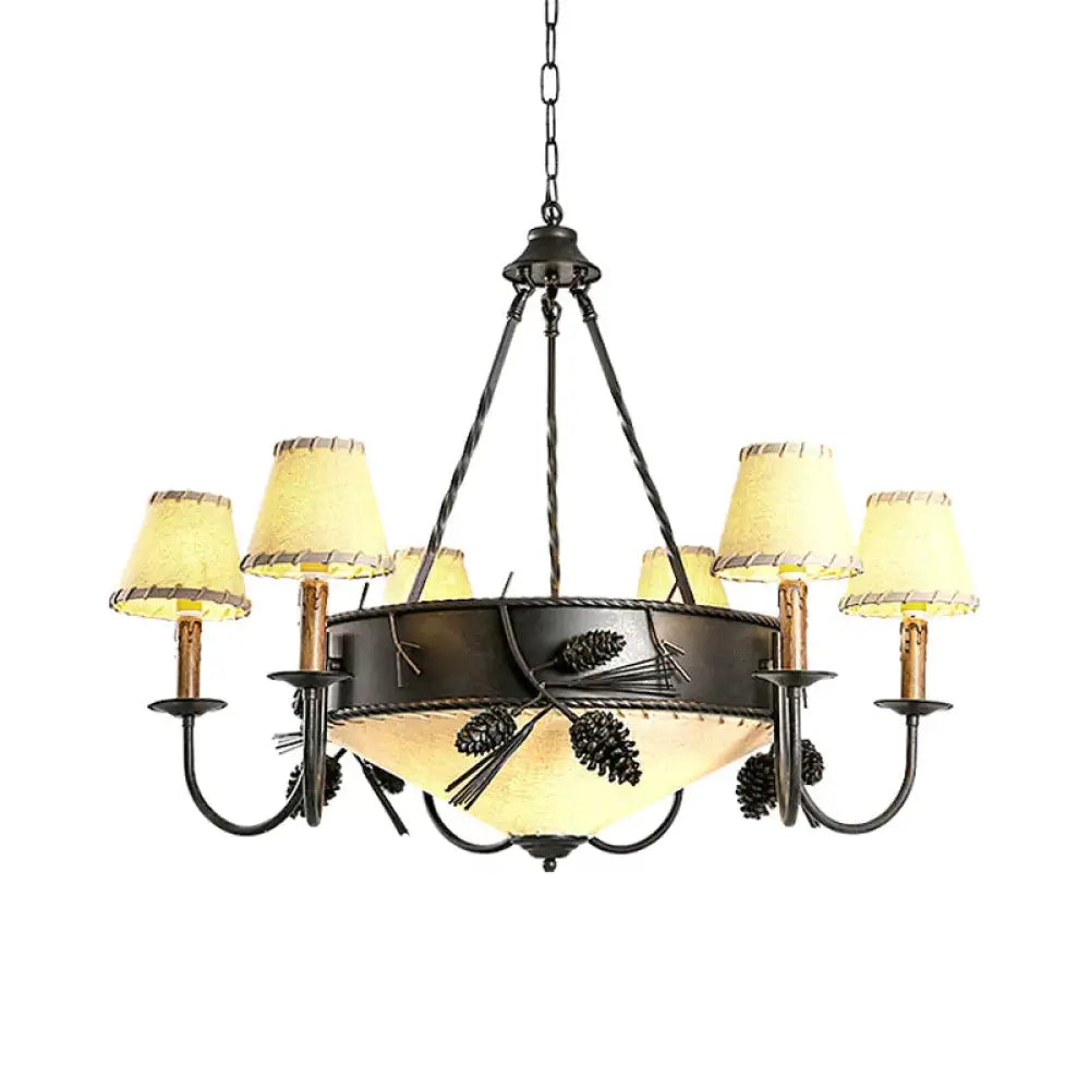 Black 9 Lights Ceiling Lamp Vintage Fabric Tapered Chandelier Pendant Light With Pinecone Deco