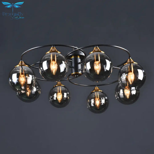 Black And Brass Postmodern Semi - Flush Chandelier With Glass Ball Shade For Ceiling Lighting Lamp
