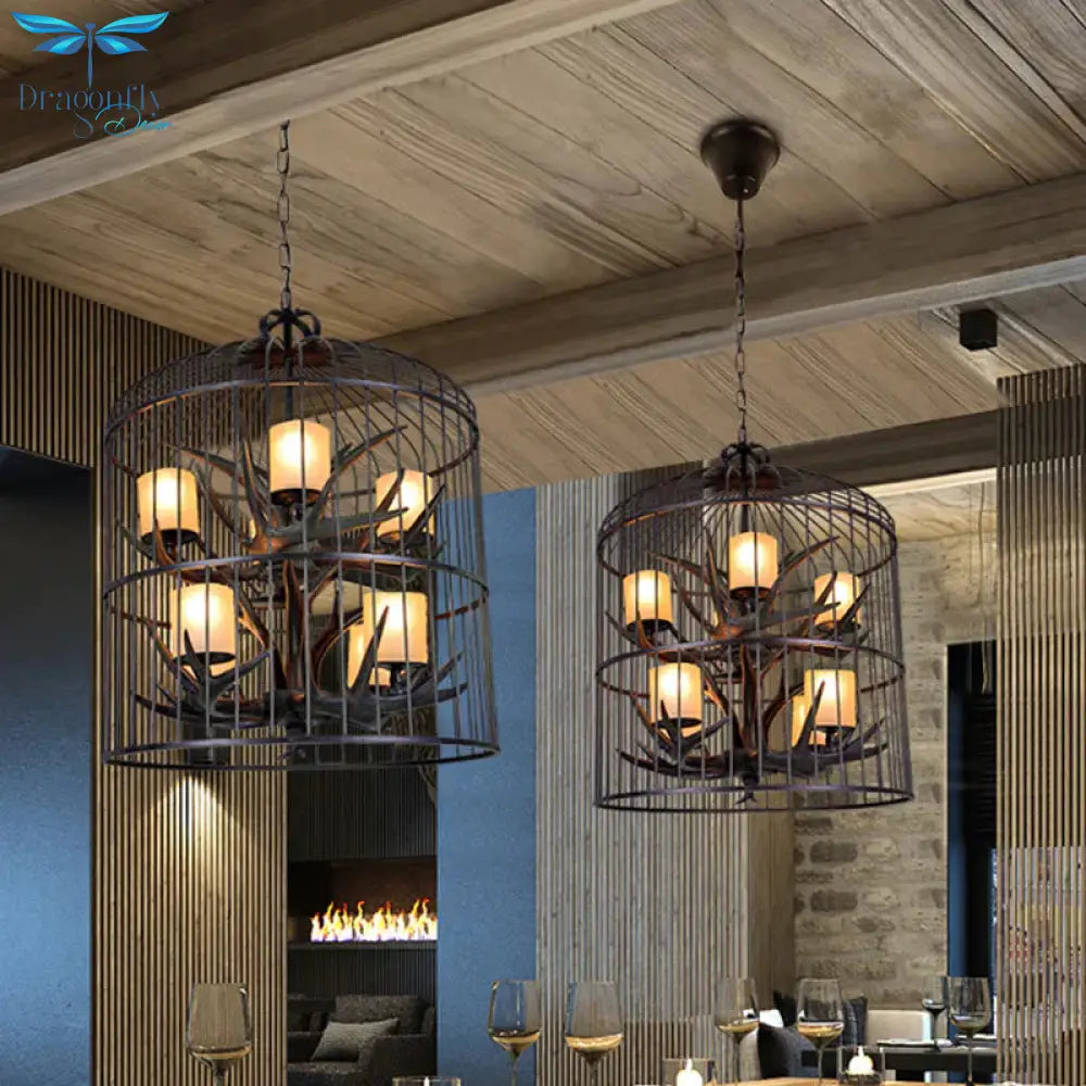 Black Bird Cage Pendant Chandelier Traditional Metal 8 - Head Dining Room Hanging Ceiling Light