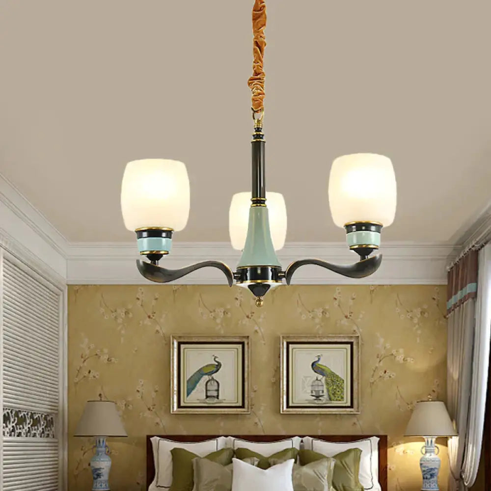 Black Bucket Hanging Chandelier Rural Style White Glass 3 Lights Dining Room Pendant Lighting