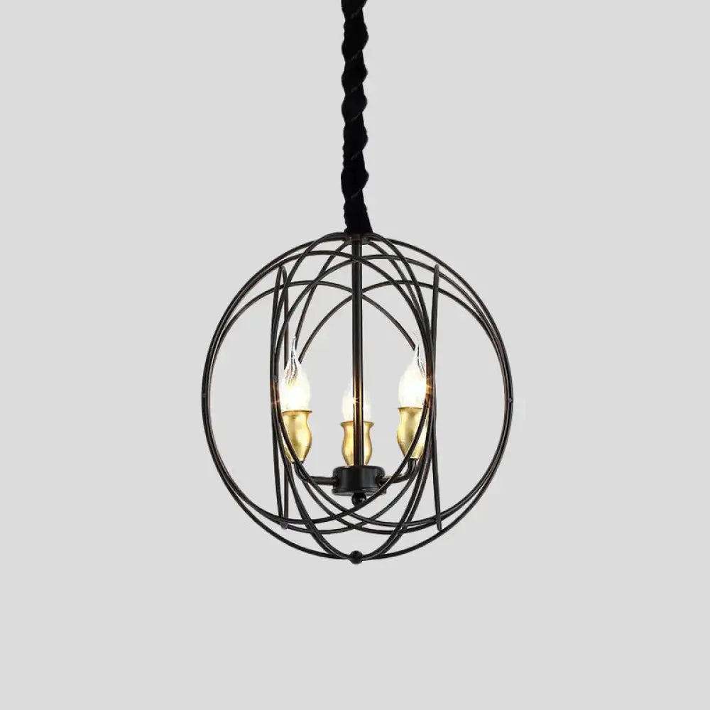 Black Candle Ceiling Pendant Rustic Metal 3 Bulbs Dining Room Chandelier Light With Globe Cage