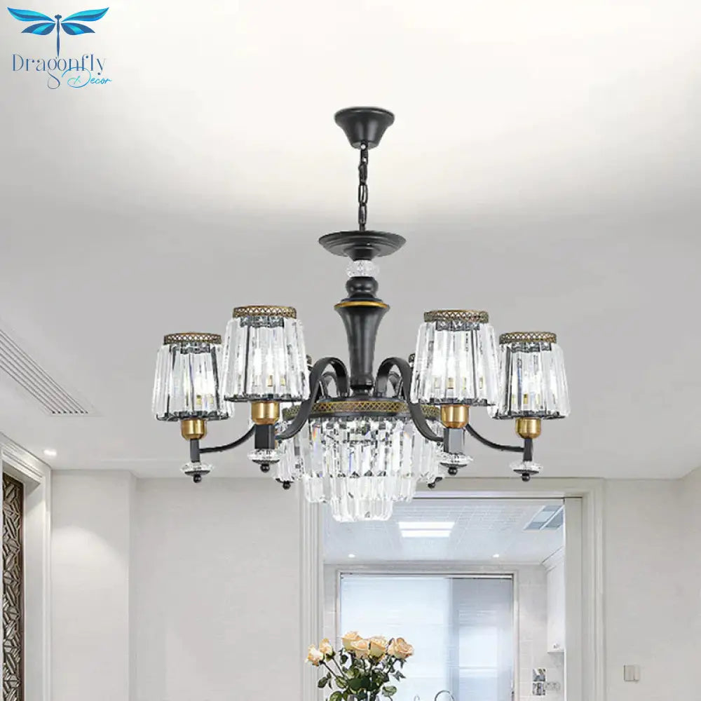 Black Conical Suspension Light Vintage Clear Crystal Block 3/6 Heads Dining Room Chandelier Lamp
