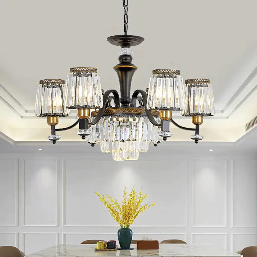 Black Conical Suspension Light Vintage Clear Crystal Block 3/6 Heads Dining Room Chandelier Lamp 6 /