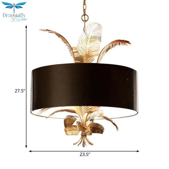 Black Country Drum Chandelier With Leaf Decoration - 6 - Light Fabric Hanging Ceiling Light For