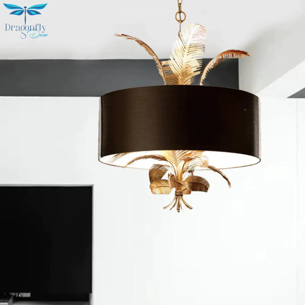 Black Country Drum Chandelier With Leaf Decoration - 6 - Light Fabric Hanging Ceiling Light For