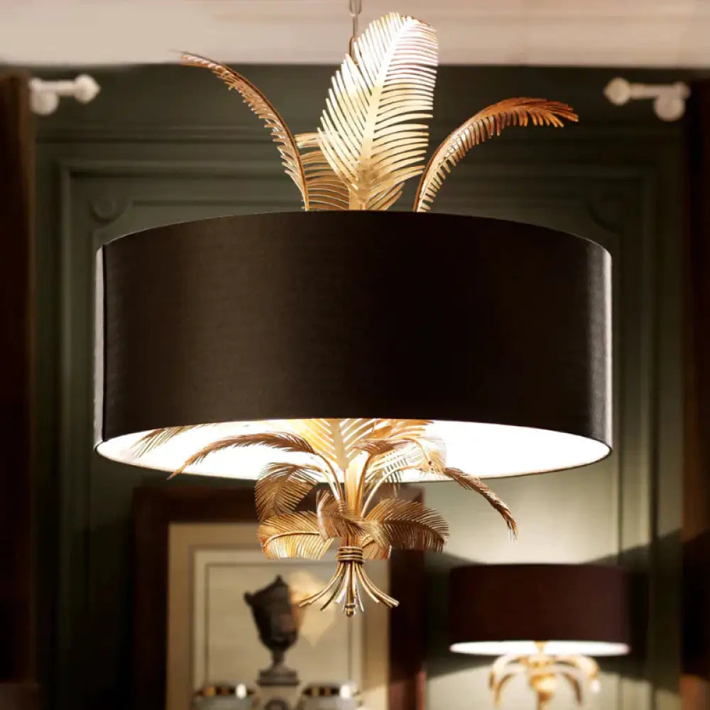 Black Country Drum Chandelier With Leaf Decoration - 6 - Light Fabric Hanging Ceiling Light For