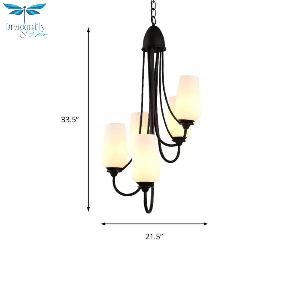 Black Cup Shape Pendant Lighting Traditional Frosted Glass 5/7 Lights Living Room Chandelier For