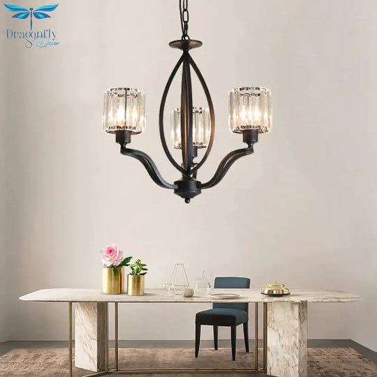 Black Cylinder Ceiling Light Fixture Simple Style Crystal Block 3/6/8 Lights Dining Room Chandelier