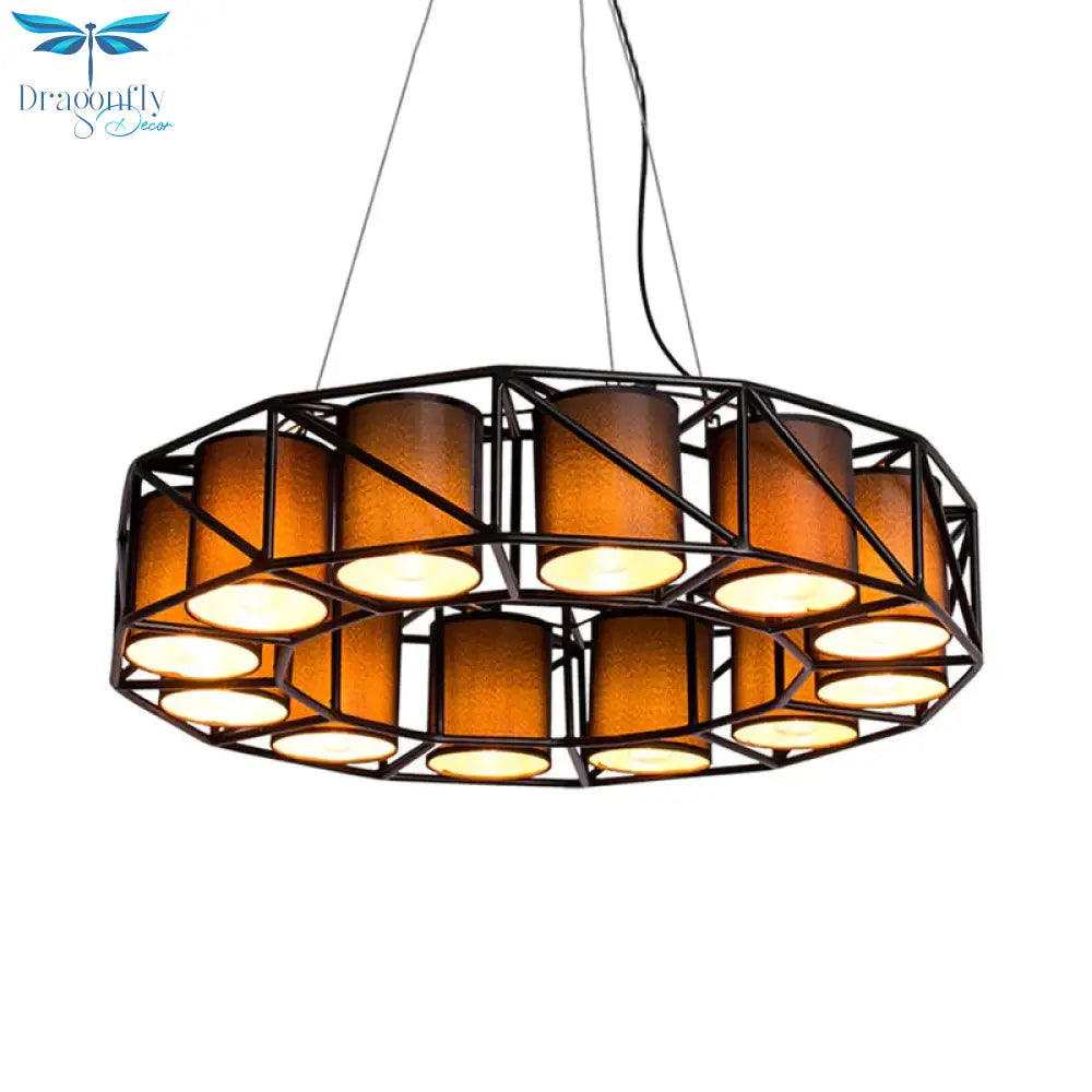 Black Cylinder Chandelier Lamp Vintage Fabric 12 Bulbs Restaurant Ceiling Light With Round Cage