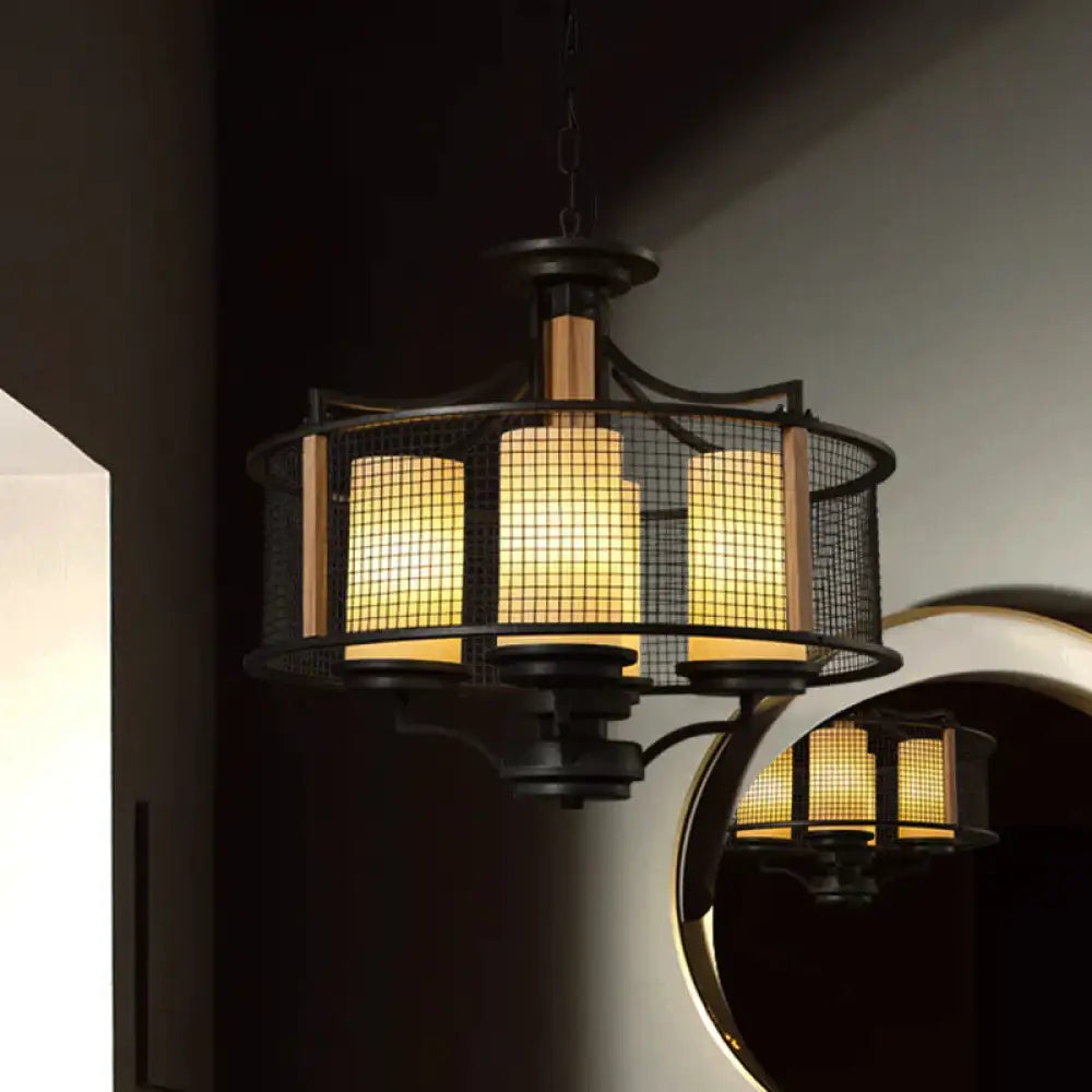 Black Cylinder Hanging Chandelier Traditional Style Frosted Glass 4 Heads Living Room Pendant Light