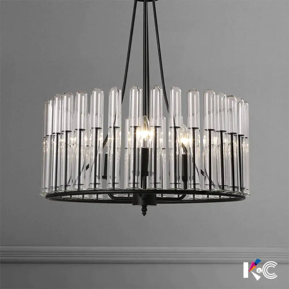 Black Cylinder Hanging Light Kit Traditional Fluted Crystal 3 Lights Dining Room Chandelier Lamp