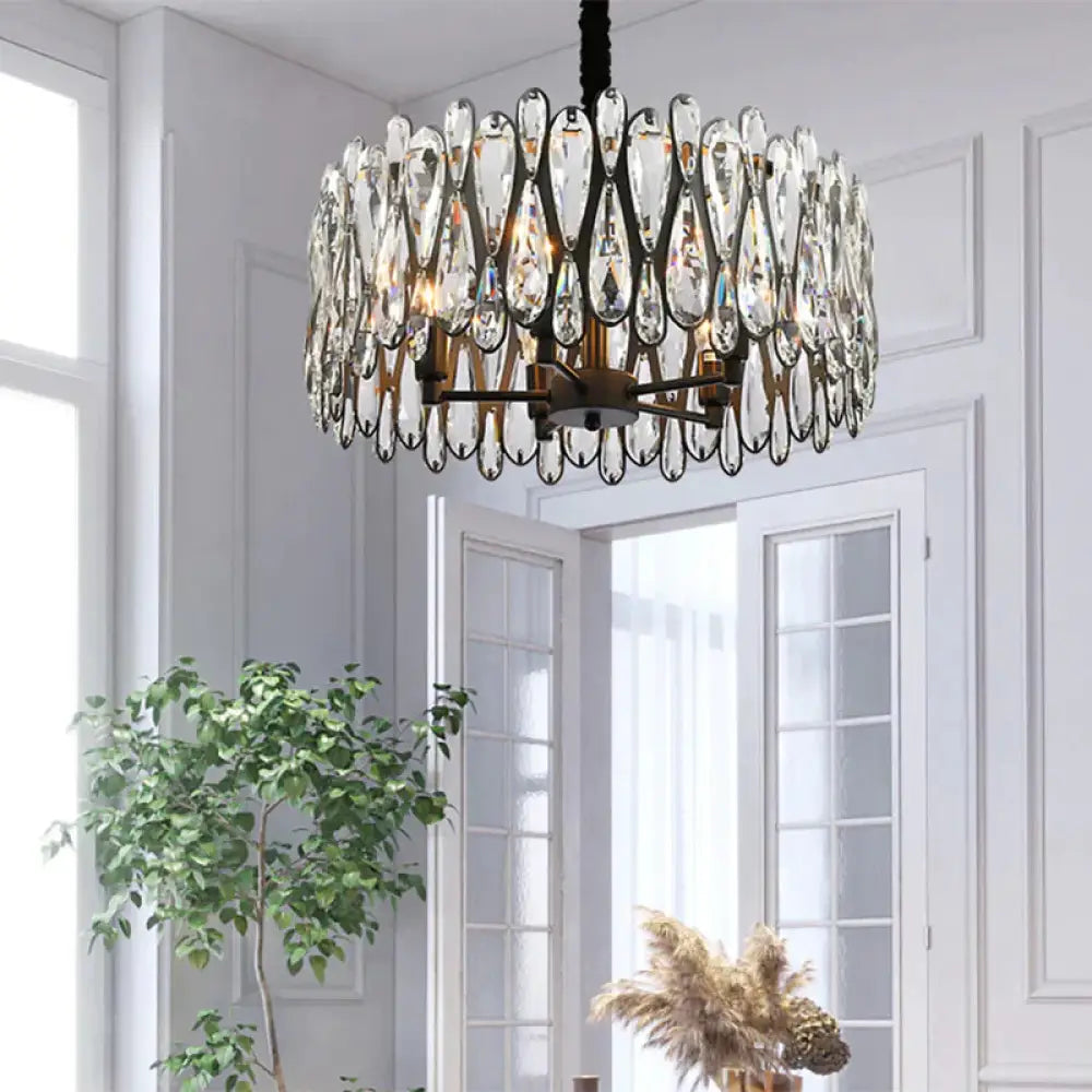 Black Drum Shaped Pendant Light Modern Crystal Teardrop 6 - Bulb Dining Room Chandelier