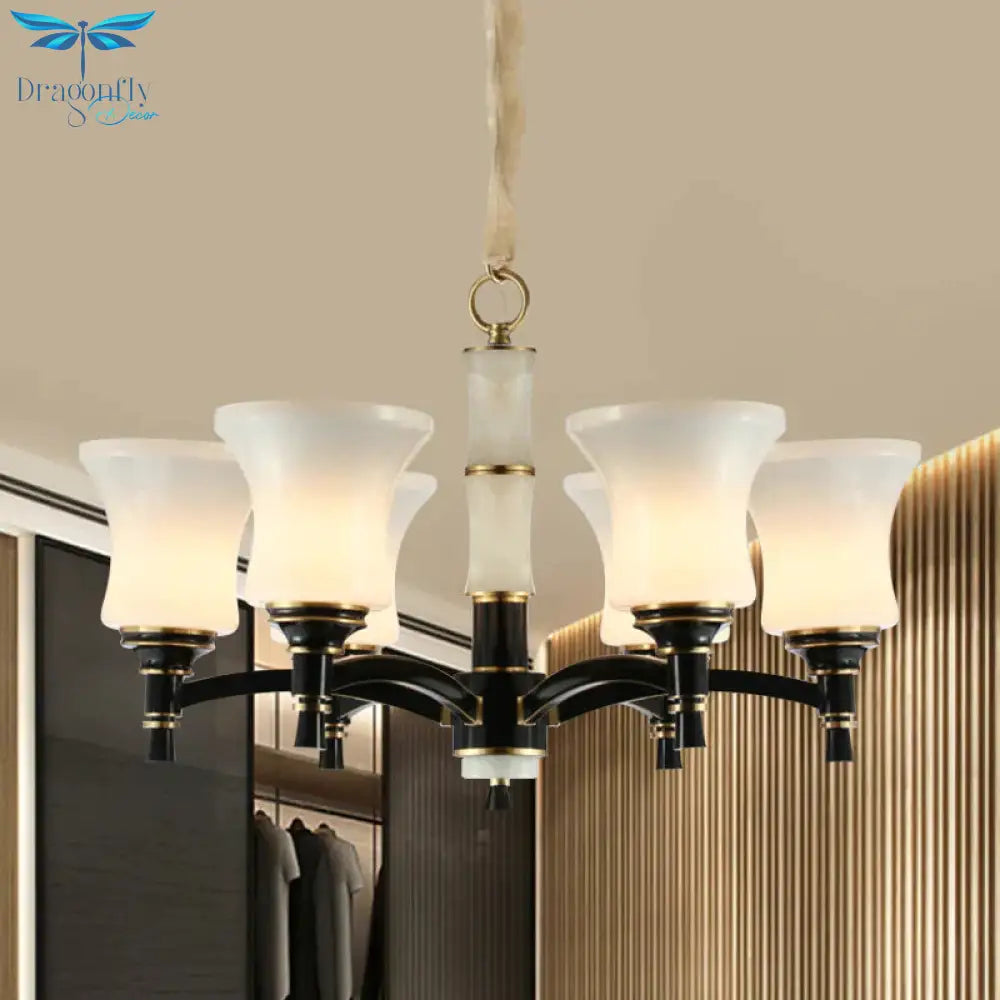 Black Flared Shade Hanging Pendant Light Traditional Style Frosted Glass 6/8 - Head Living Room