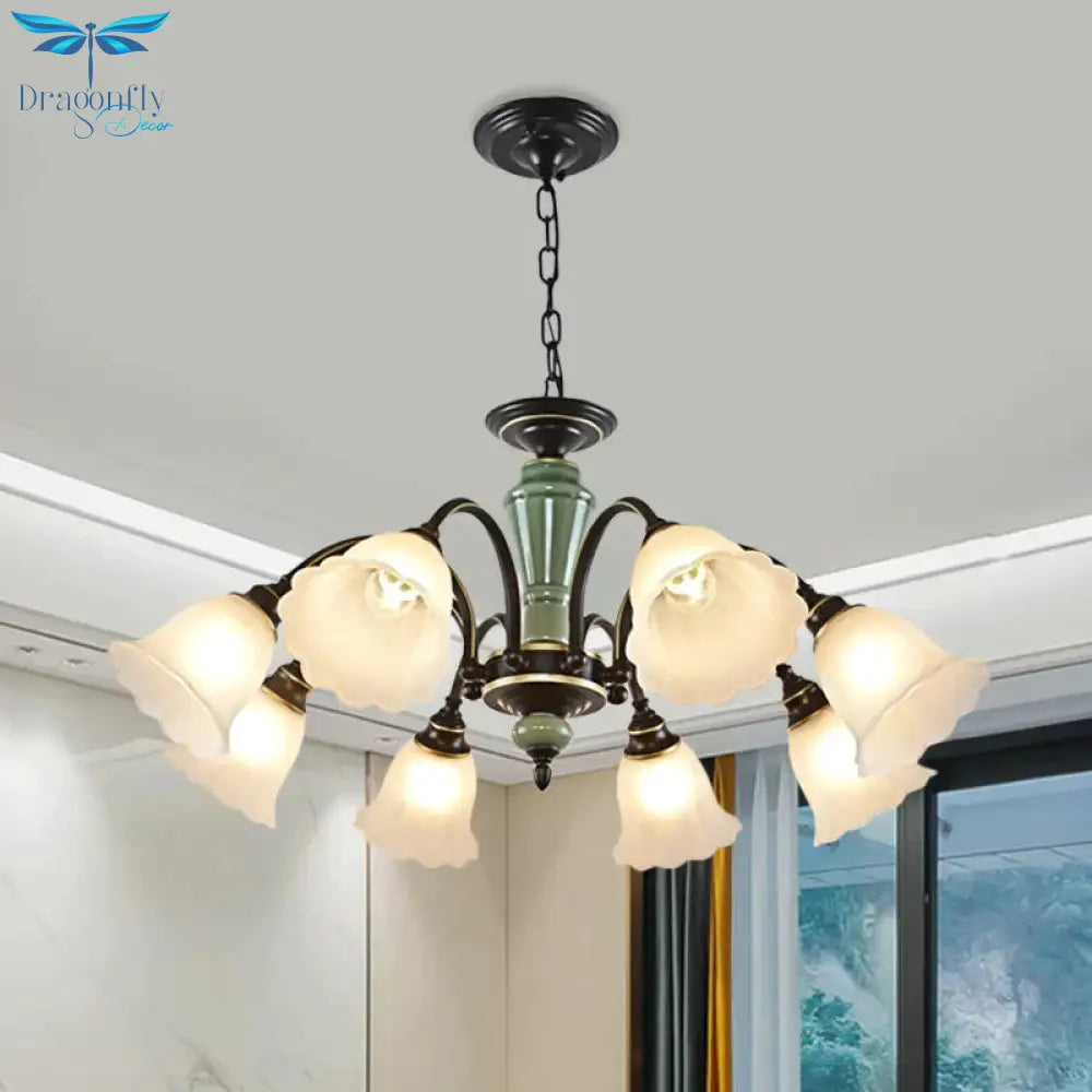 Black Flower Ceiling Chandelier Rural Style Frosted Glass 3/6/8 Heads Hanging Light Kit With