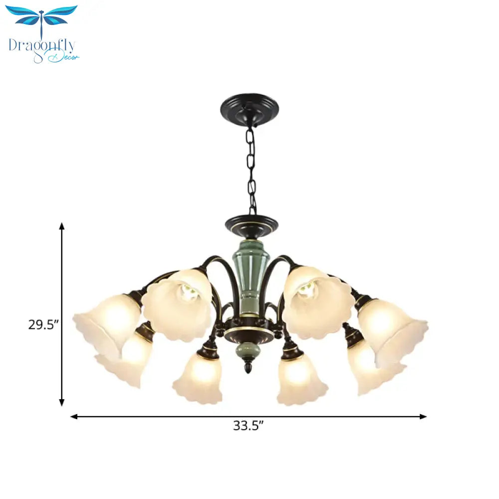 Black Flower Ceiling Chandelier Rural Style Frosted Glass 3/6/8 Heads Hanging Light Kit With