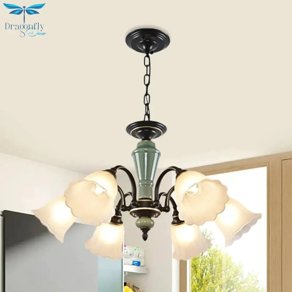 Black Flower Ceiling Chandelier Rural Style Frosted Glass 3/6/8 Heads Hanging Light Kit With