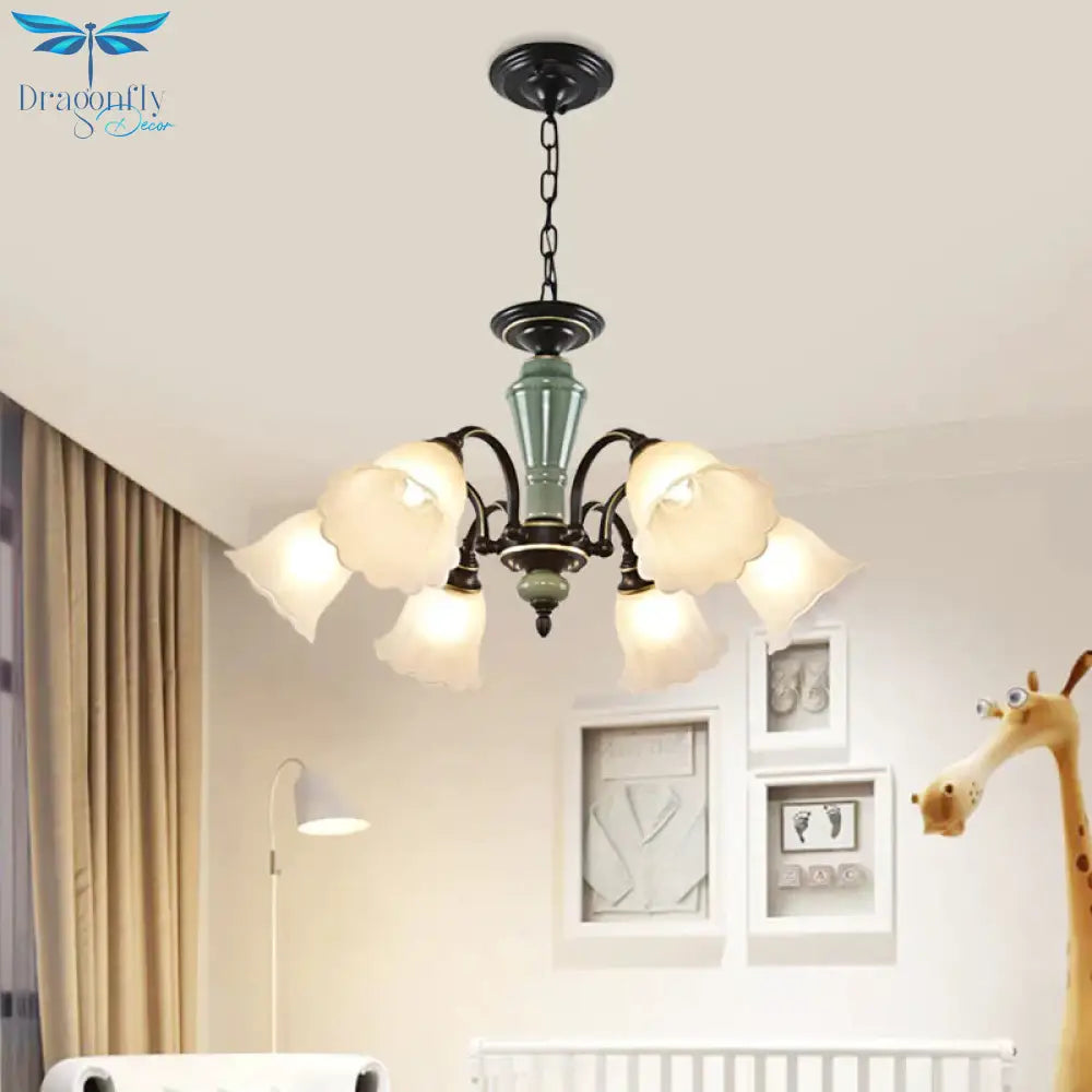 Black Flower Ceiling Chandelier Rural Style Frosted Glass 3/6/8 Heads Hanging Light Kit With