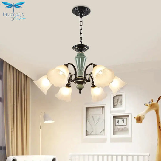 Black Flower Ceiling Chandelier Rural Style Frosted Glass 3/6/8 Heads Hanging Light Kit With