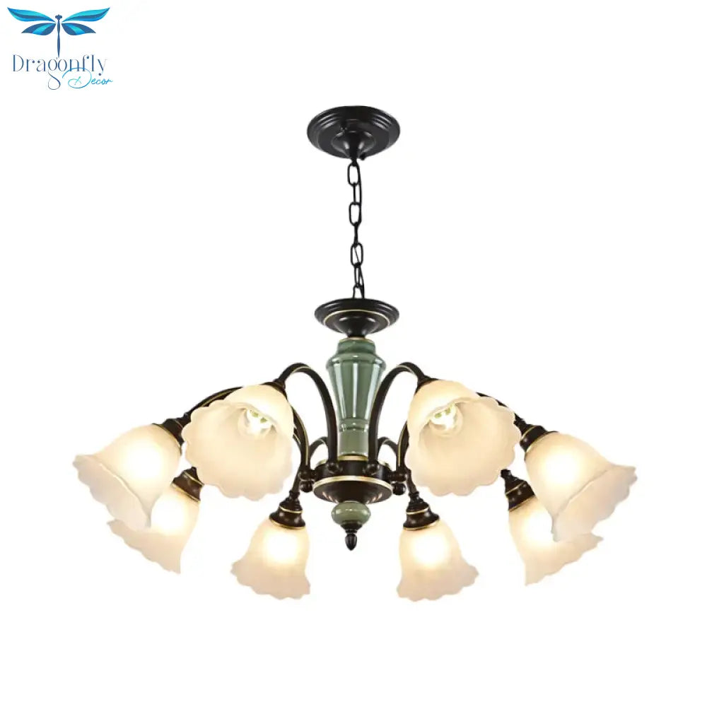 Black Flower Ceiling Chandelier Rural Style Frosted Glass 3/6/8 Heads Hanging Light Kit With