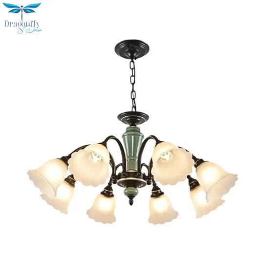 Black Flower Ceiling Chandelier Rural Style Frosted Glass 3/6/8 Heads Hanging Light Kit With