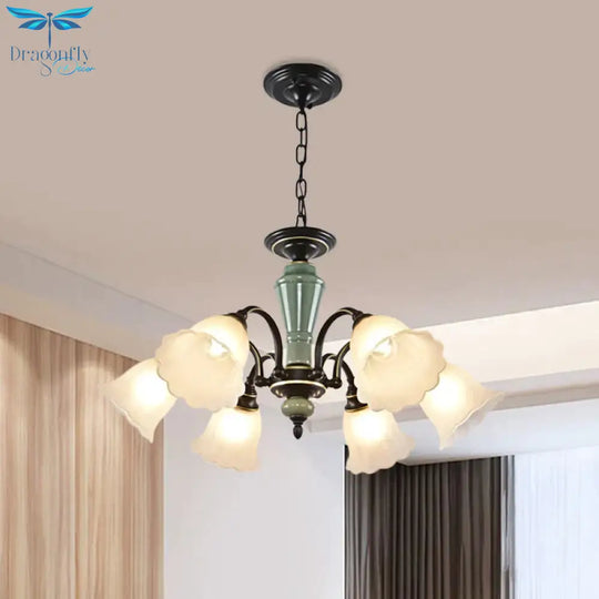 Black Flower Ceiling Chandelier Rural Style Frosted Glass 3/6/8 Heads Hanging Light Kit With