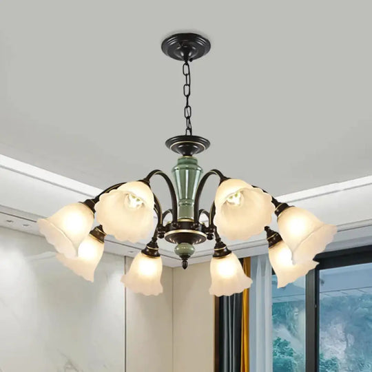 Black Flower Ceiling Chandelier Rural Style Frosted Glass 3/6/8 Heads Hanging Light Kit With