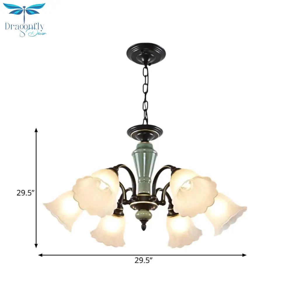 Black Flower Ceiling Chandelier Rural Style Frosted Glass 3/6/8 Heads Hanging Light Kit With