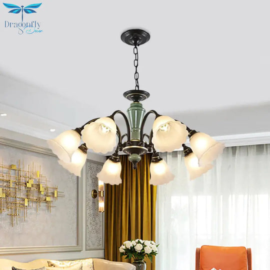 Black Flower Ceiling Chandelier Rural Style Frosted Glass 3/6/8 Heads Hanging Light Kit With