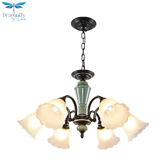Black Flower Ceiling Chandelier Rural Style Frosted Glass 3/6/8 Heads Hanging Light Kit With