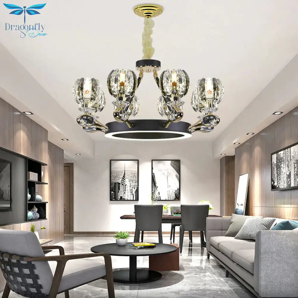 Black Global Chandelier Pendant Light Traditionalism 6/8 Heads Led Crystal Hanging Lamp For Living