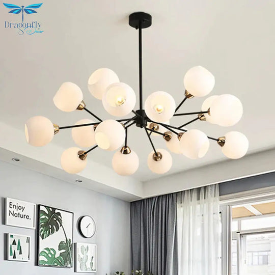 Black Globe Shade Chandelier Lamp Traditional White Glass 6/12/18 Lights Living Room Hanging Light