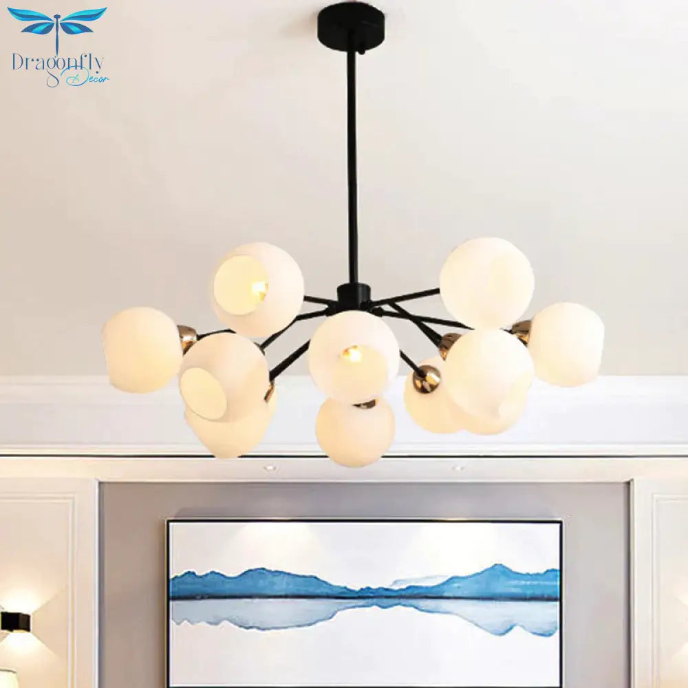 Black Globe Shade Chandelier Lamp Traditional White Glass 6/12/18 Lights Living Room Hanging Light
