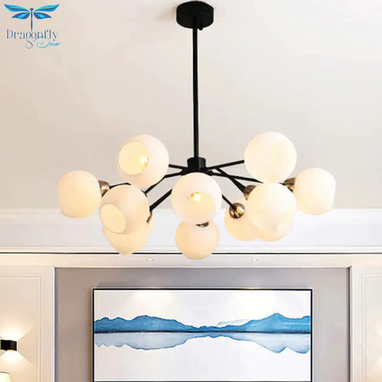 Black Globe Shade Chandelier Lamp Traditional White Glass 6/12/18 Lights Living Room Hanging Light