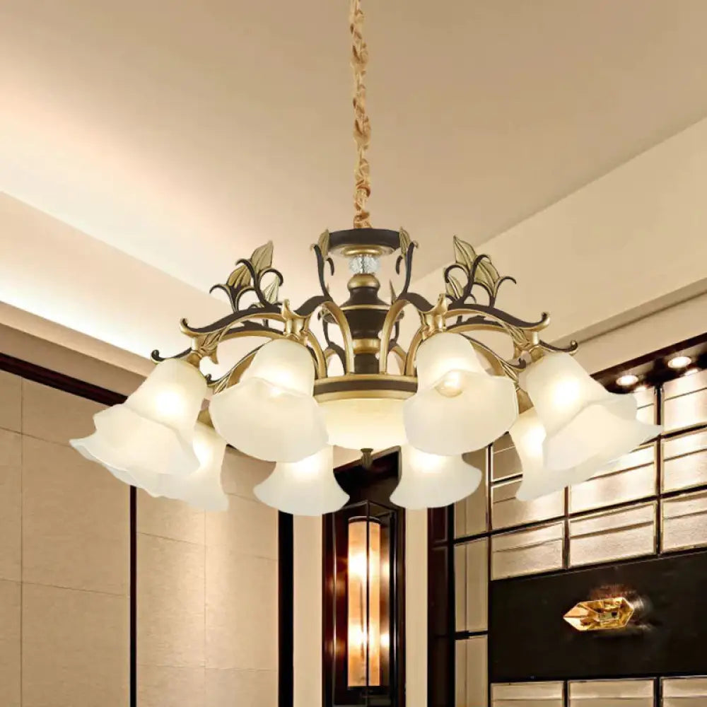 Black - Gold Flower - Like Suspension Lighting Traditional Milky Glass 3/6/8 Heads Dining Room Down