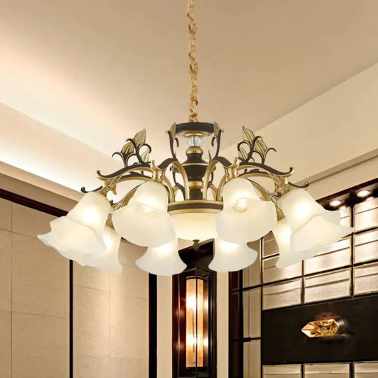 Black - Gold Flower - Like Suspension Lighting Traditional Milky Glass 3/6/8 Heads Dining Room Down