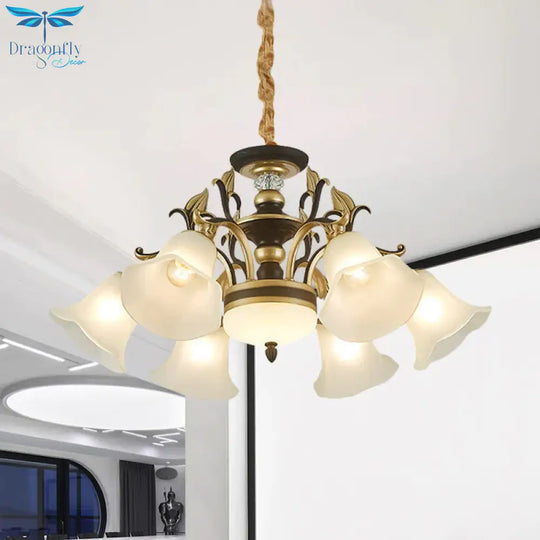 Black - Gold Flower - Like Suspension Lighting Traditional Milky Glass 3/6/8 Heads Dining Room Down