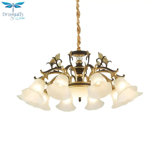 Black - Gold Flower - Like Suspension Lighting Traditional Milky Glass 3/6/8 Heads Dining Room Down