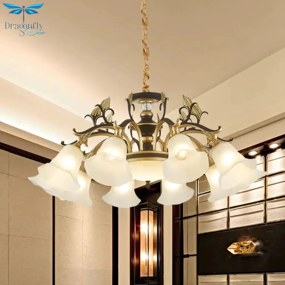 Black - Gold Flower - Like Suspension Lighting Traditional Milky Glass 3/6/8 Heads Dining Room Down