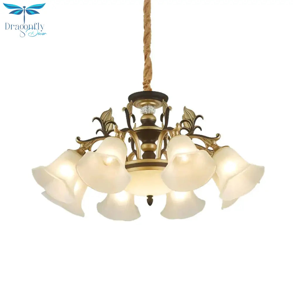 Black - Gold Flower - Like Suspension Lighting Traditional Milky Glass 3/6/8 Heads Dining Room Down