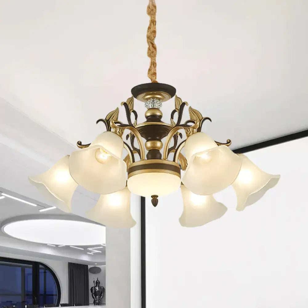 Black - Gold Flower - Like Suspension Lighting Traditional Milky Glass 3/6/8 Heads Dining Room Down