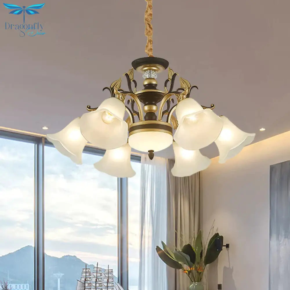 Black - Gold Flower - Like Suspension Lighting Traditional Milky Glass 3/6/8 Heads Dining Room Down